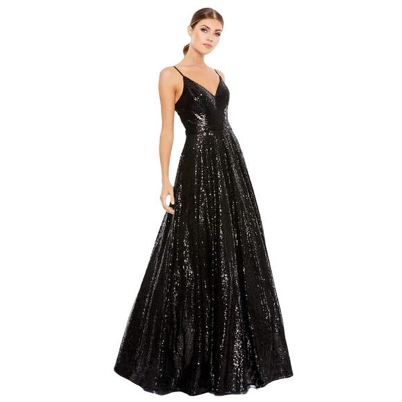 MAC DUGGAL Dress Size 0 Evening Gown Sequin Black V Neck Belted NEW - Picture 1 of 7